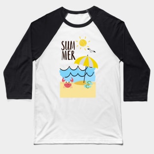 Summer, crab, parasol, slippers, beach, waves, sun Baseball T-Shirt